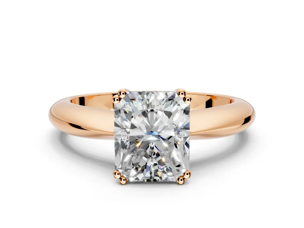 Solitaire Engagement Ring Setting for Radiant Cut Center with Reverse Tapered Band and Prong Head in Rose Gold