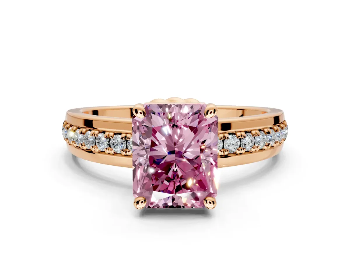 Solitaire Engagement Ring Setting for Fancy Pink Radiant Cut Center with Raised Channel Band and Prong Head in Rose Gold