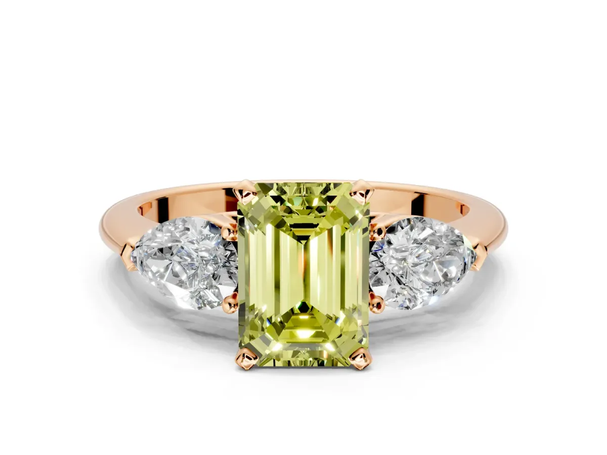 3 Stone Engagement Ring Setting for Fancy Yellow Emerald Cut Center with Large Pear-Shaped Accents and Prong Head in Rose Gold