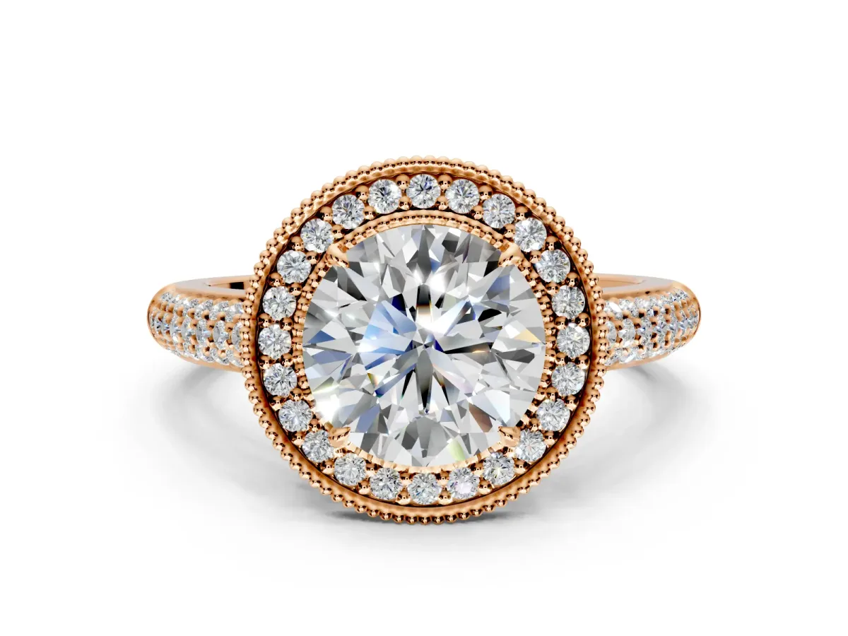 Milgrain Halo Engagement Ring Setting for Round Cut Center with Three-Sided Pave Band and Prong Head in Rose Gold