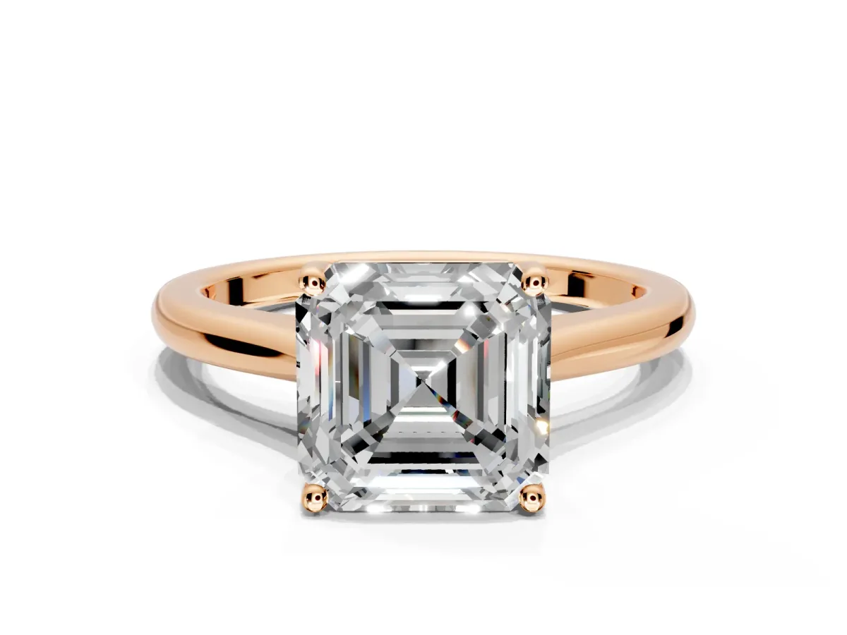 Solitaire Engagement Ring Setting for Asscher Cut Center with Narrow Cathedral Band and Prong Head in Rose Gold