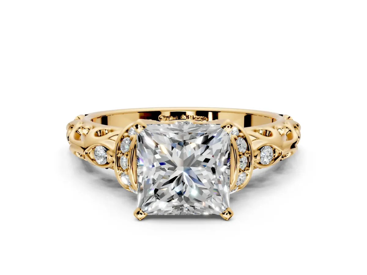 Solitaire Engagement Ring Setting for Princess Cut Center with Filigree Band and Prong Head in Yellow Gold