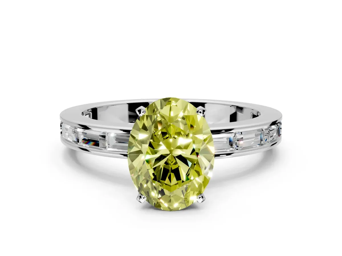 Solitaire Engagement Ring Setting for Fancy Yellow Oval Center with Channel Baguette Band and Prong Head in Sterling Silver