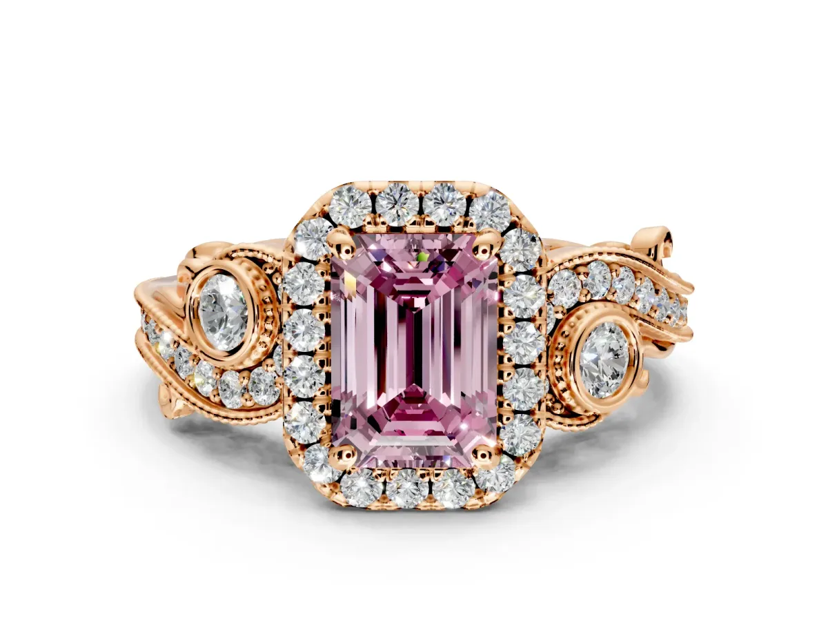 Milgrain Halo Engagement Ring Setting for Fancy Pink Emerald Cut Center with Shoulder Bezels and Prong Head in Rose Gold
