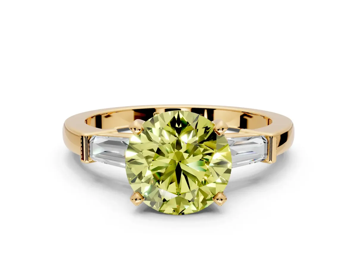 3 Stone Engagement Ring Setting for Fancy Yellow Round Cut Center with Channel Baguette Accents and Prong Head in Yellow Gold