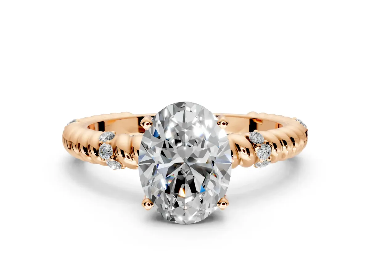 Rope Engagement Ring Setting for Oval Center with Accent Shoulders and Prong Head in Rose Gold