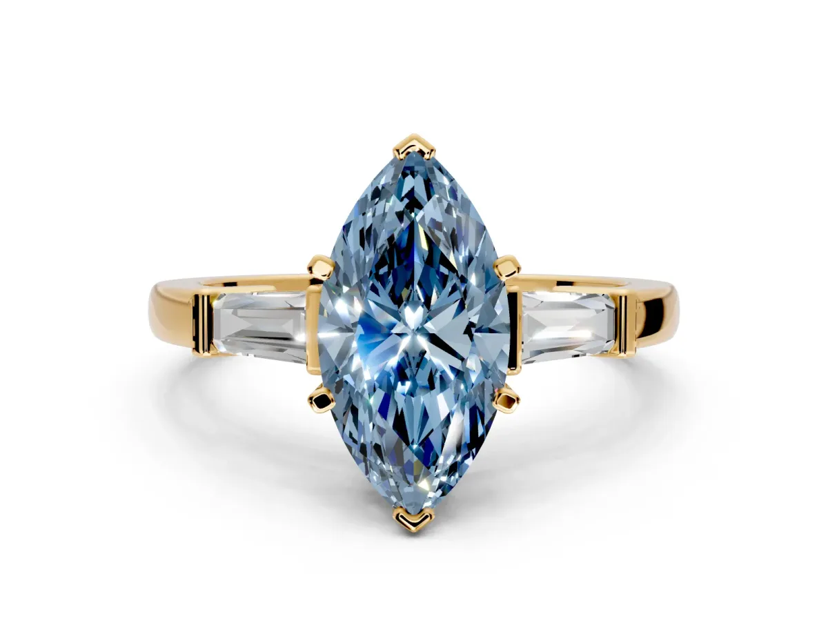 3 Stone Engagement Ring Setting for Fancy Blue Marquise Center with Channel Baguette Accents and Prong Head in Yellow Gold