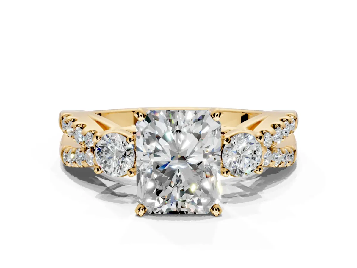 3 Stone Engagement Ring Setting for Radiant Cut Center with Pave Split Shank and Prong Head in Yellow Gold