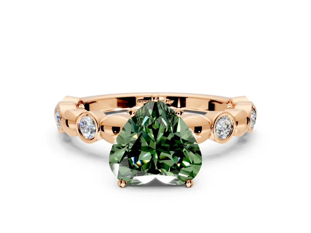 Solitaire Engagement Ring Setting for Fancy Green Heart-Shaped Center with Beaded Bezel Station Band and Prong Head in Rose Gold