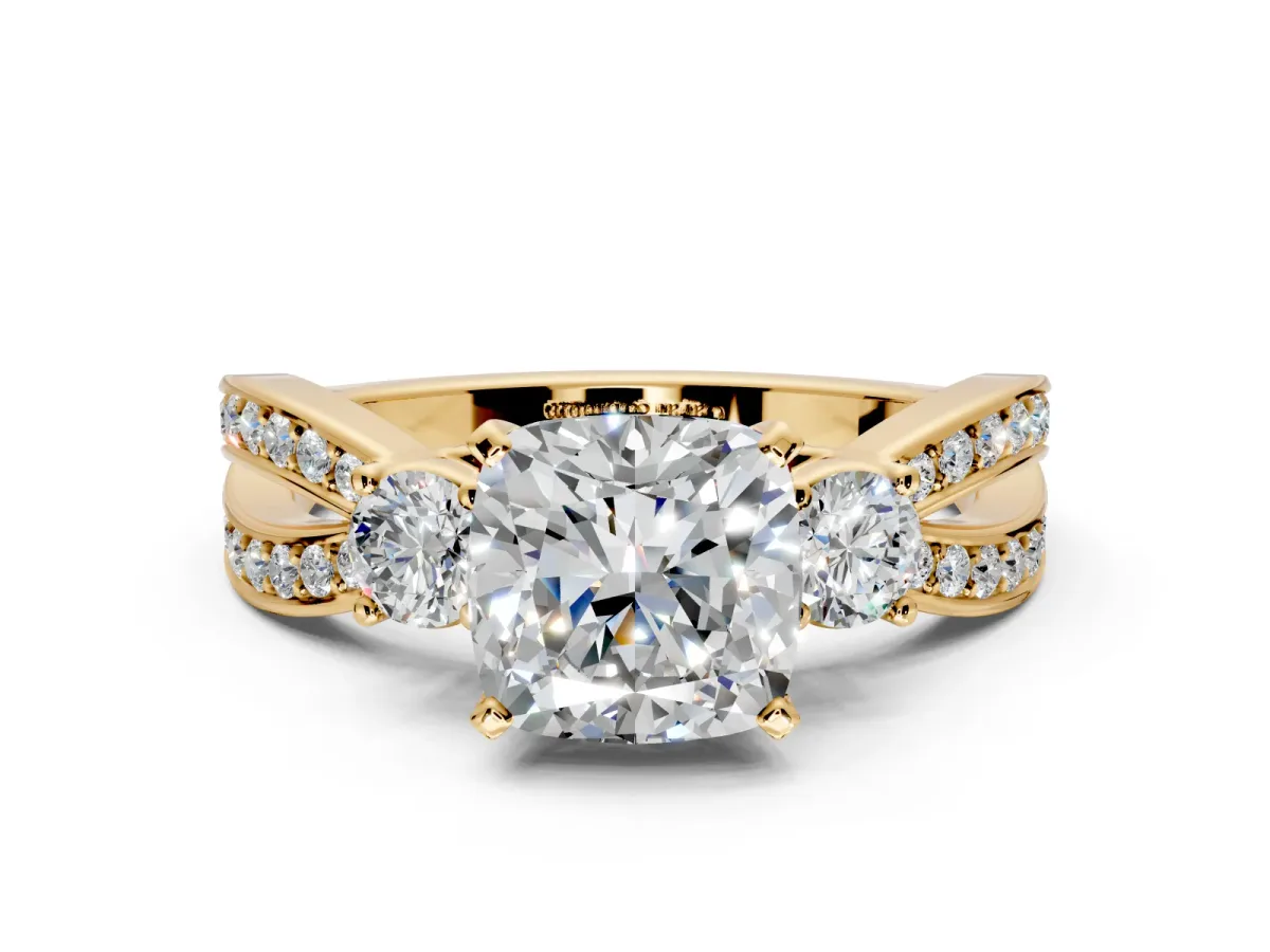 3 Stone Engagement Ring Setting for Cushion Cut Center with Pave Twist Band and Prong Head in Yellow Gold