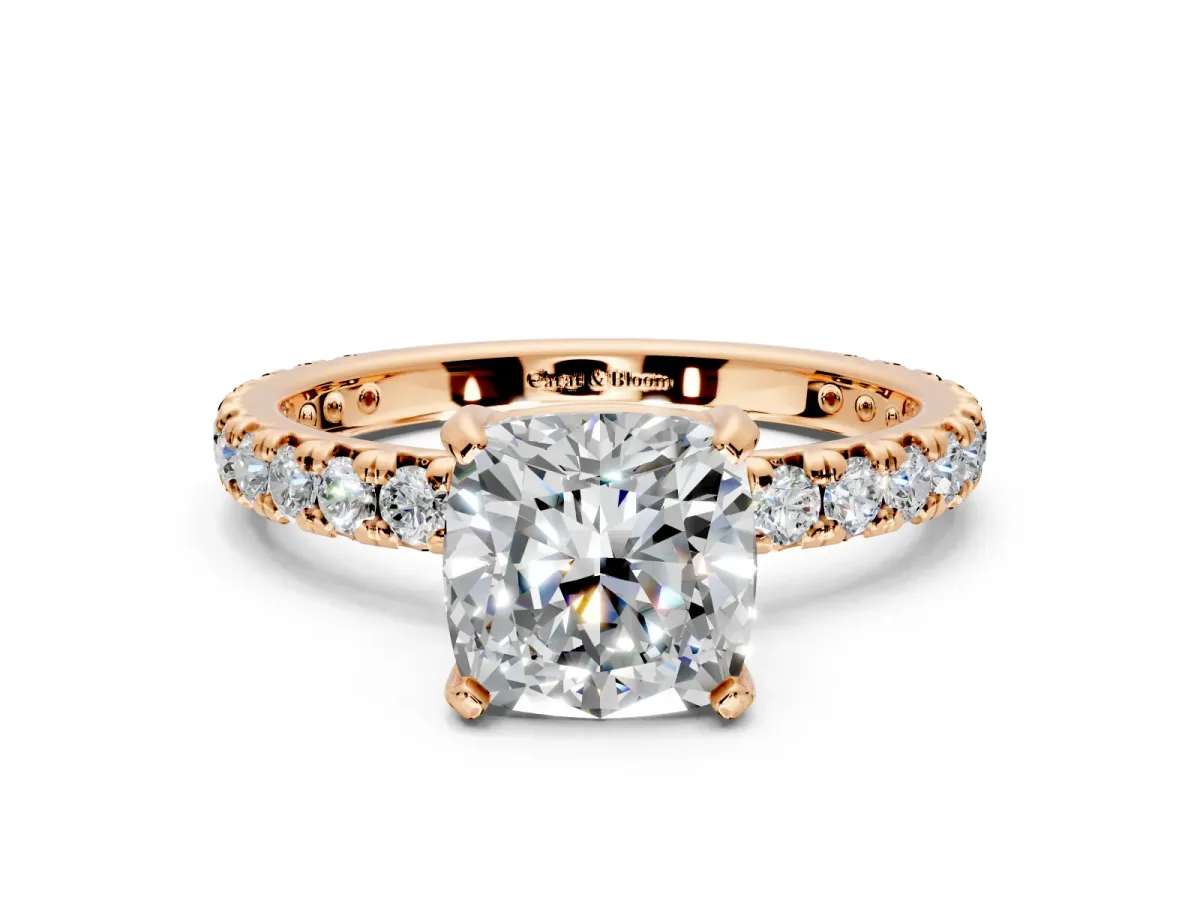 Solitaire Engagement Ring Setting for Cushion Cut Center with Shared-Prong Accents and Prong Head in Rose Gold