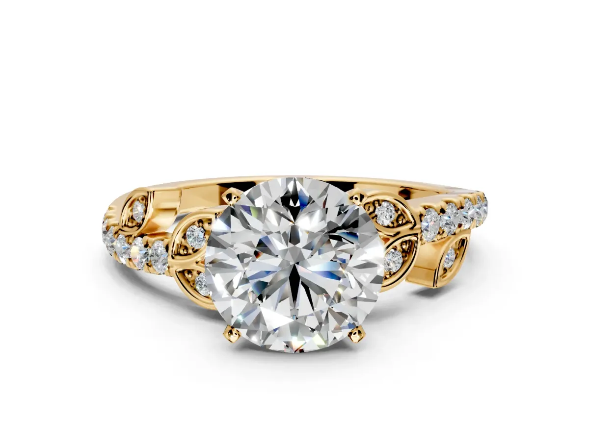 Leaf Motif Engagement Ring Setting for Round Cut Center with Pave Band and Prong Head in Yellow Gold