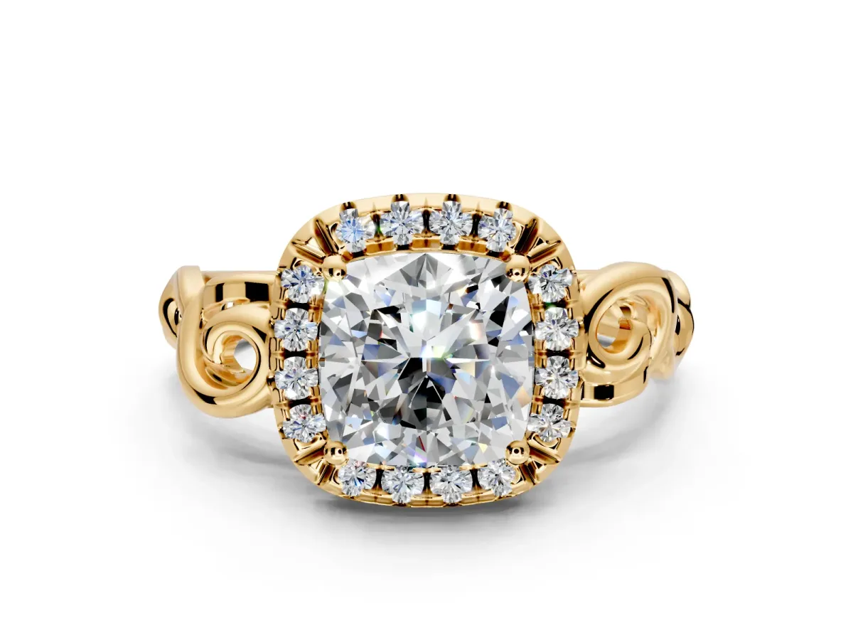 Halo Engagement Ring Setting for Cushion Cut Center with Open Scroll Shoulders and Prong Head in Yellow Gold