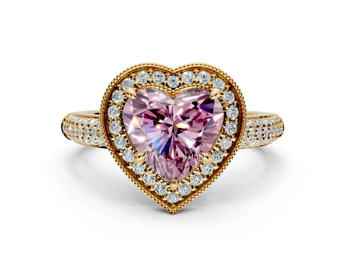 Milgrain Halo Engagement Ring Setting for Fancy Pink Heart-Shaped Center with Three-Sided Pave Band and Prong Head in Yellow Gold