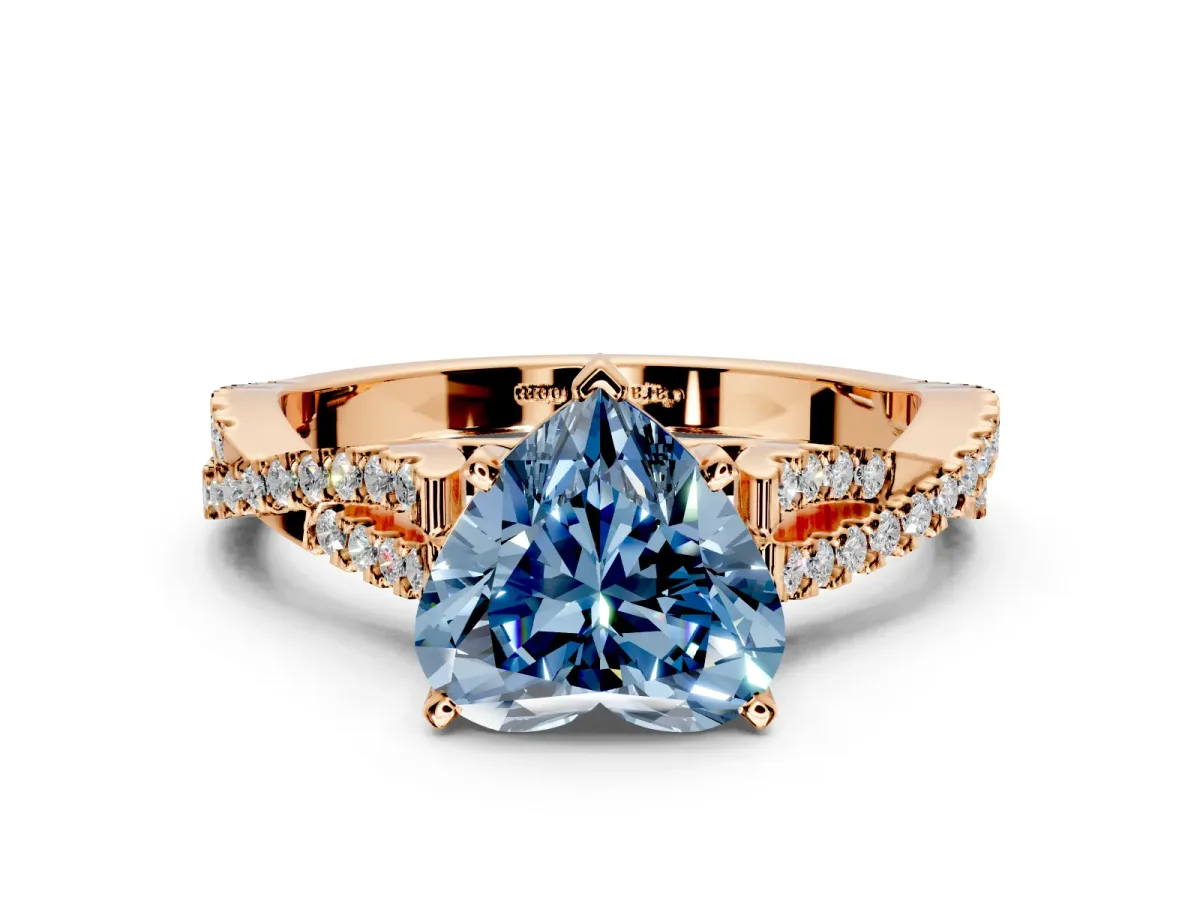 Solitaire Engagement Ring Setting for Fancy Blue Heart-Shaped Center with Twisted Pave Split Shank and Prong Head in Rose Gold