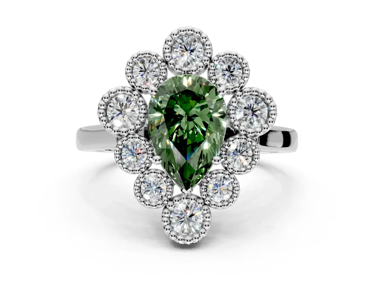 Cluster Halo Engagement Ring Setting for Fancy Green Pear-Shaped Center with Milgrain Bezel Accents and Prong Head in Sterling Silver