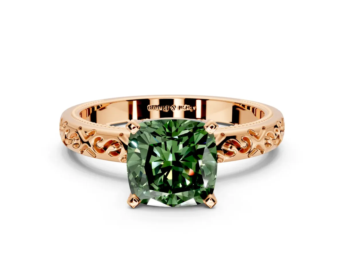 Solitaire Engagement Ring Setting for Fancy Green Cushion Cut Center with Scrollwork Band and Prong Head in Rose Gold