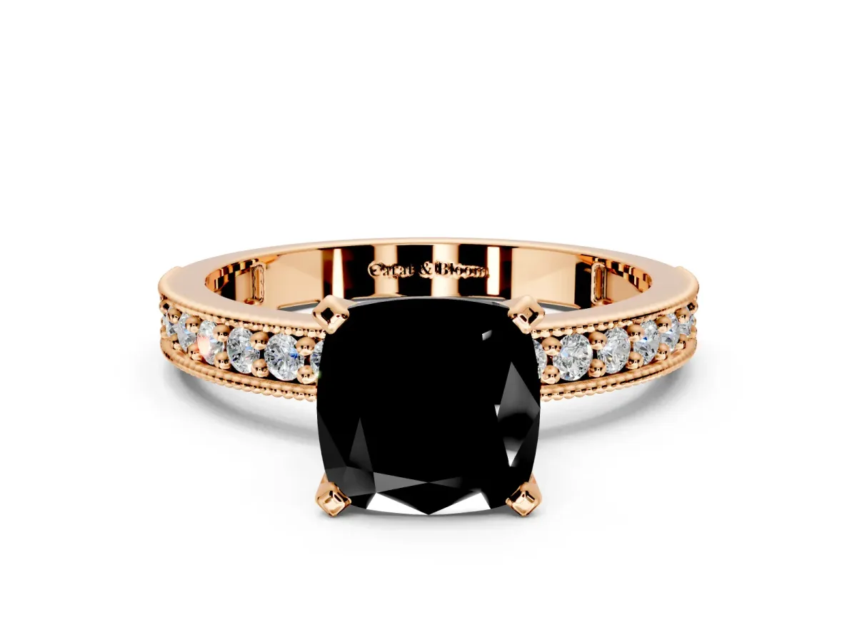 Milgrain Pave Engagement Ring Setting for Fancy Black Cushion Cut Center with Accent Band and Prong Head in Rose Gold