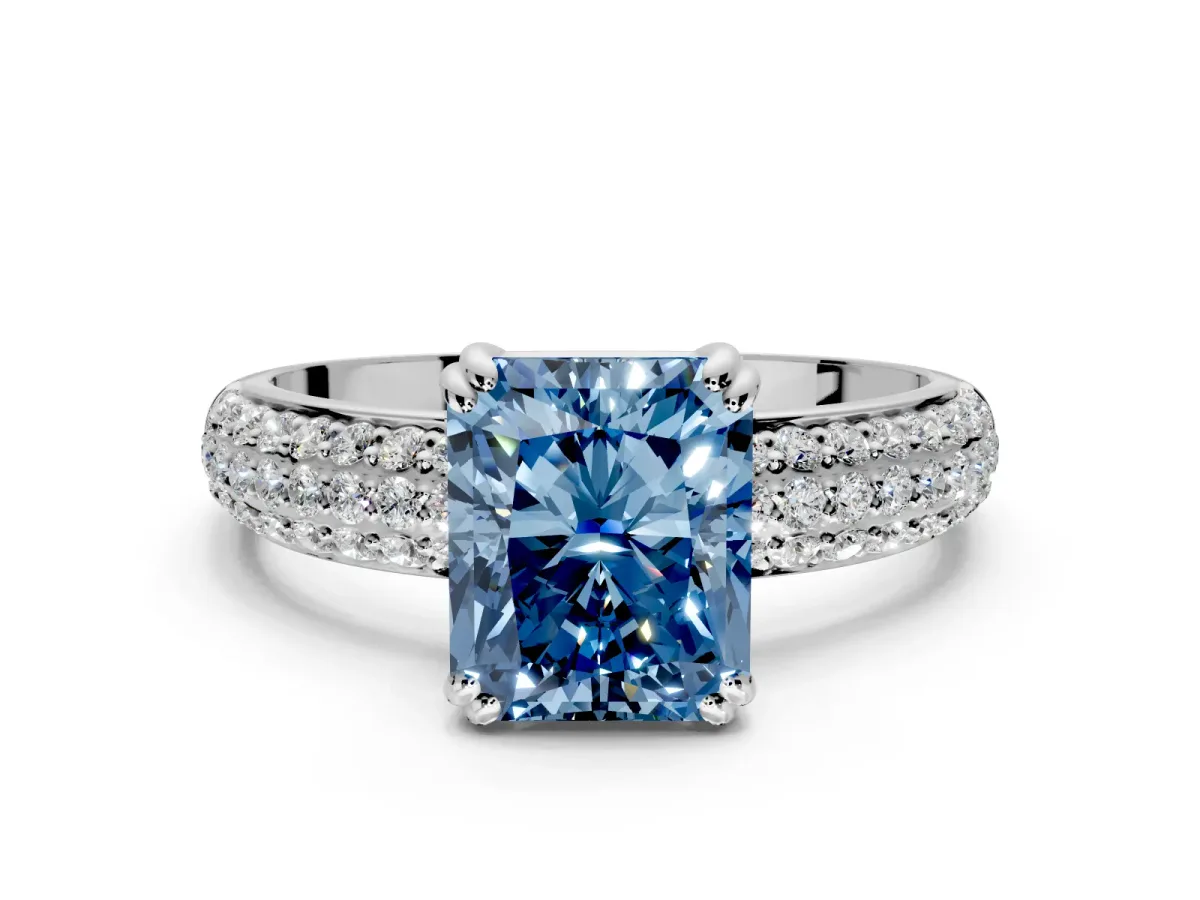 Solitaire Engagement Ring Setting for Fancy Blue Radiant Cut Center with Multi-Row Pave Accents and Basket Head in Platinum