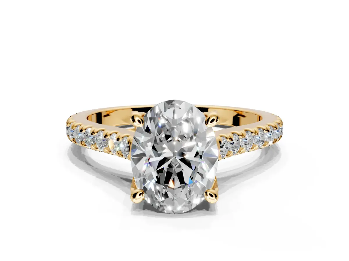 Solitaire Engagement Ring Setting for Oval Center with Widening Pave Band and Claw Prong Head in Yellow Gold