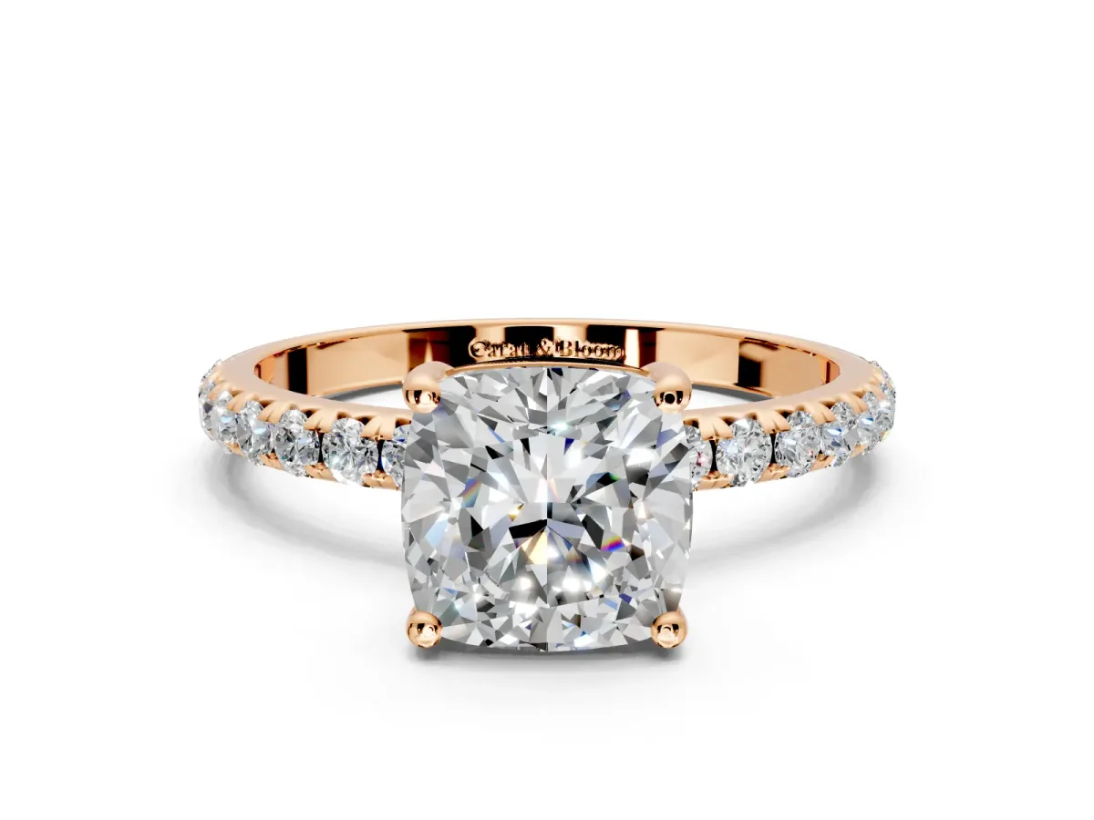 Solitaire Engagement Ring Setting for Cushion Cut Center with Micro Pave Band and Prong Head in Rose Gold