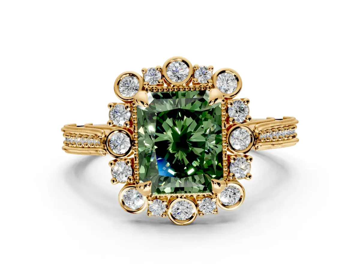 Milgrain Halo Engagement Ring Setting for Fancy Green Radiant Cut Center with Bezel Point Accents and Prong Head in Yellow Gold