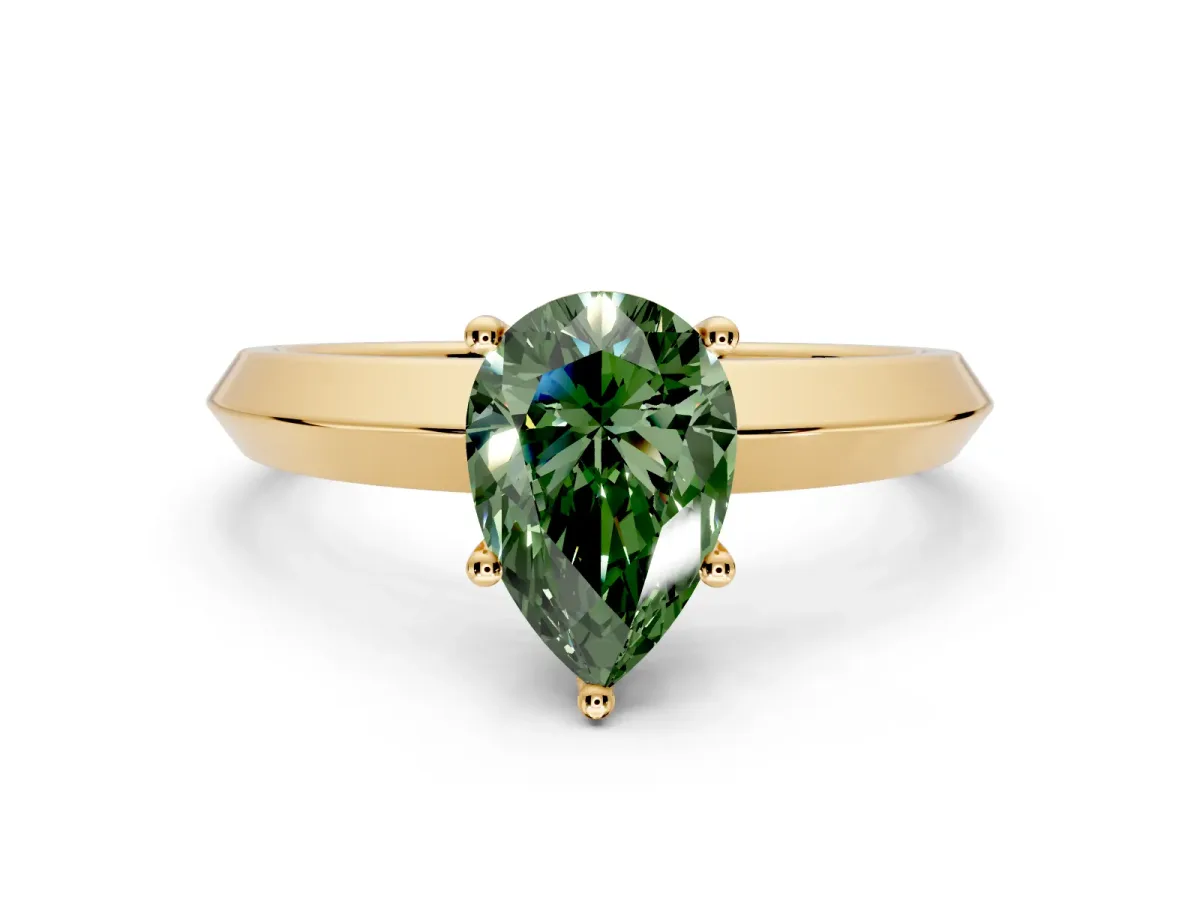 Solitaire Engagement Ring Setting for Fancy Green Pear-Shaped Center with Wide Knife Ridge Band and Prong Head in Yellow Gold