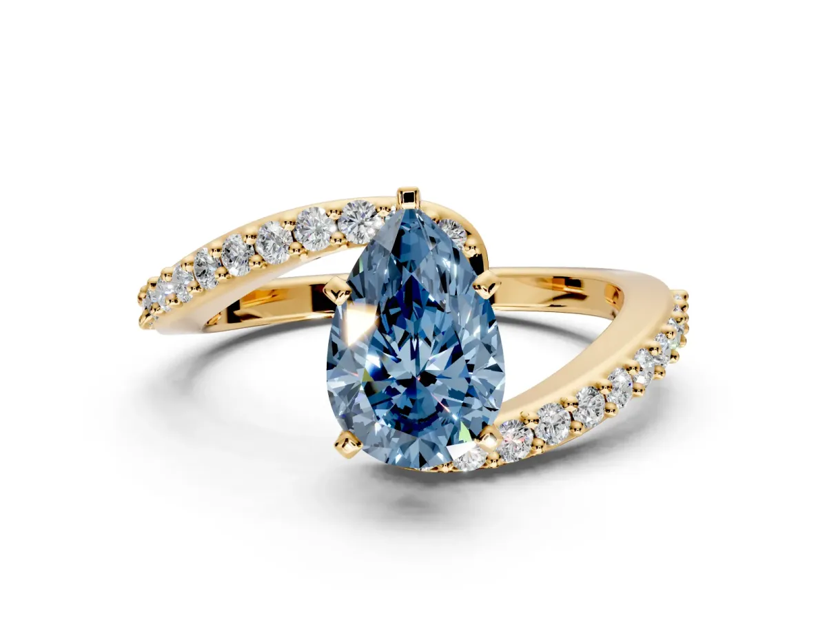 Solitaire Engagement Ring Setting for Fancy Blue Pear-Shaped Center with Pave Bypass Swirl Band and Prong Head in Yellow Gold