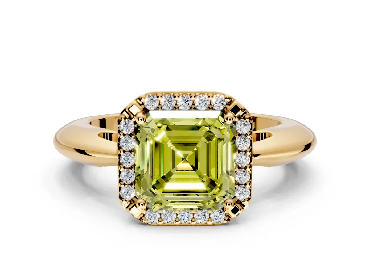 Halo Engagement Ring Setting for Fancy Yellow Asscher Cut Center with Tapered Plain Band and Prong Head in Yellow Gold