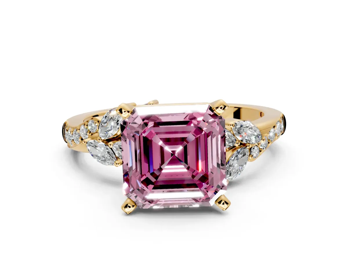 Solitaire Engagement Ring Setting for Fancy Pink Asscher Cut Center with Marquise Accent Twist Band and Prong Head in Yellow Gold