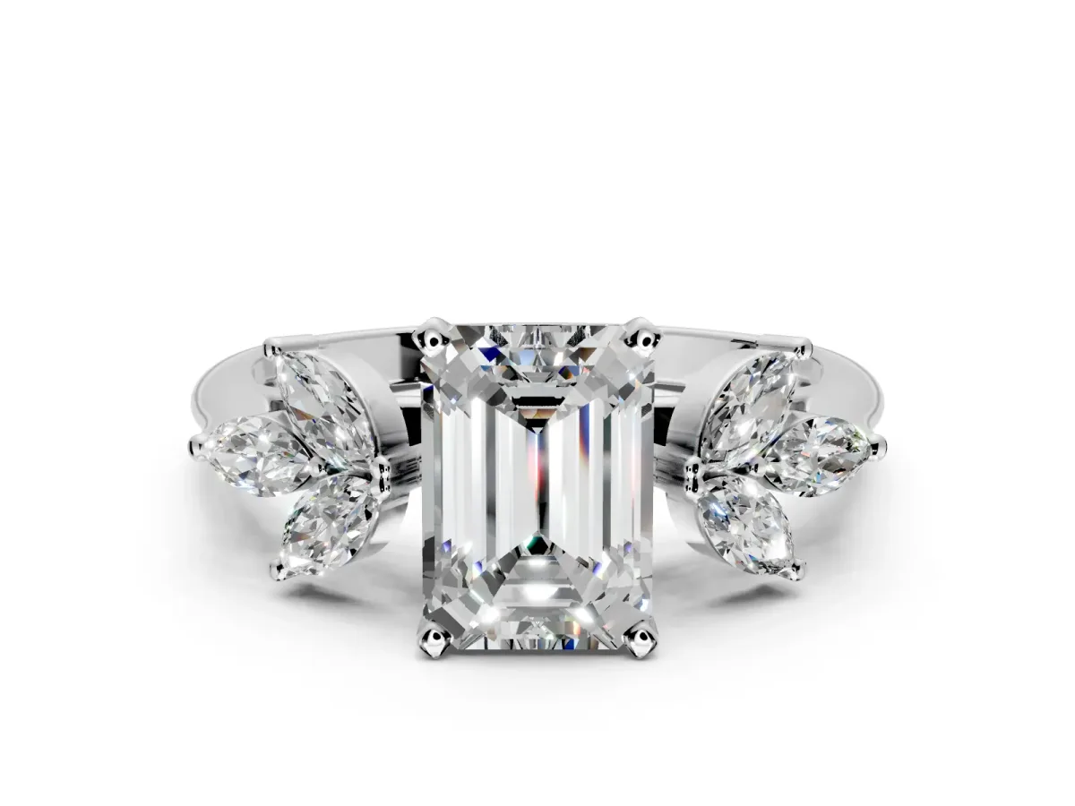 Floral Cluster Engagement Ring Setting for Emerald Cut Center with Marquise Accents and Prong Head in Sterling Silver