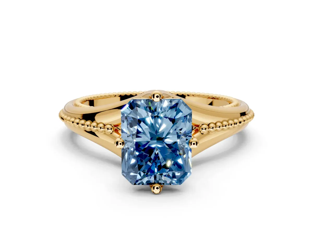 Solitaire Engagement Ring Setting for Fancy Blue Radiant Cut Center with Milgrain Cathedral Band and Prong Head in Yellow Gold