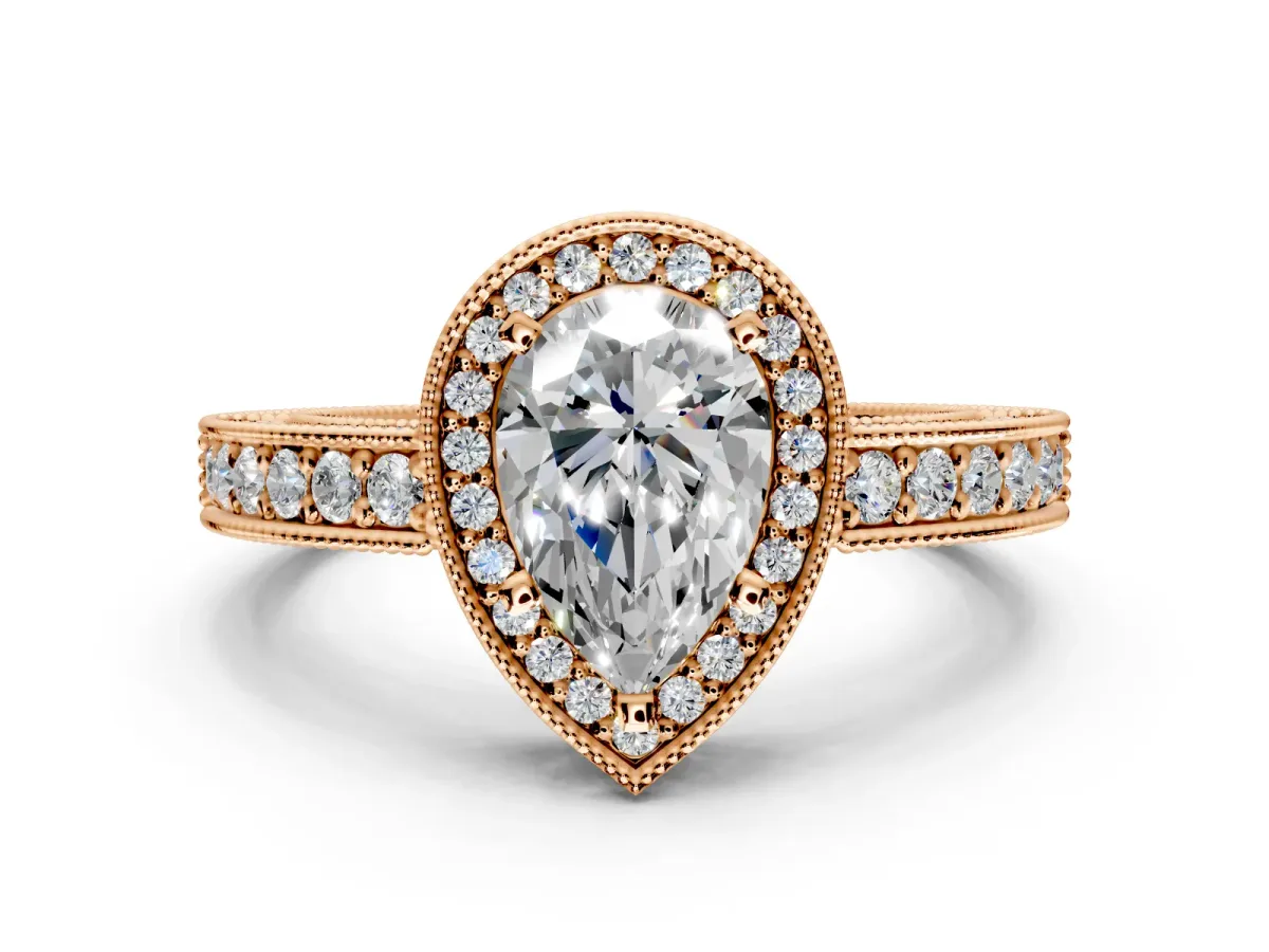 Milgrain Halo Engagement Ring Setting for Pear-Shaped Center with Wide Pave Band and Prong Head in Rose Gold