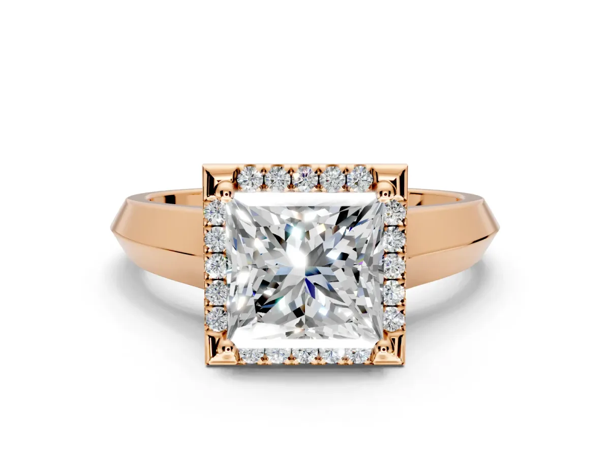 Halo Engagement Ring Setting for Princess Cut Center with Knife Ridge Cathedral Band and Prong Head in Rose Gold