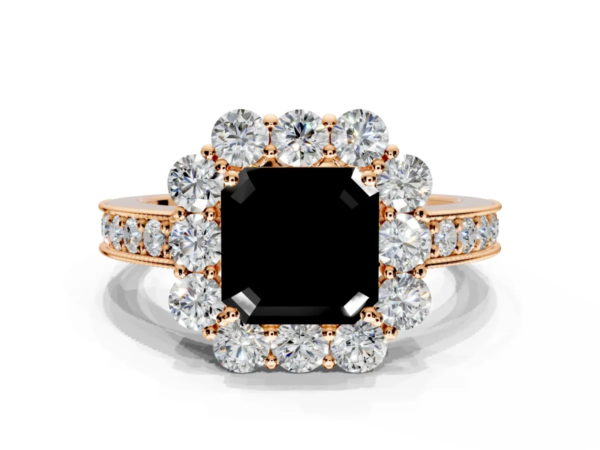 Halo Engagement Ring Setting for Fancy Black Asscher Cut Center with Milgrain Channel Band and Prong Head in Rose Gold