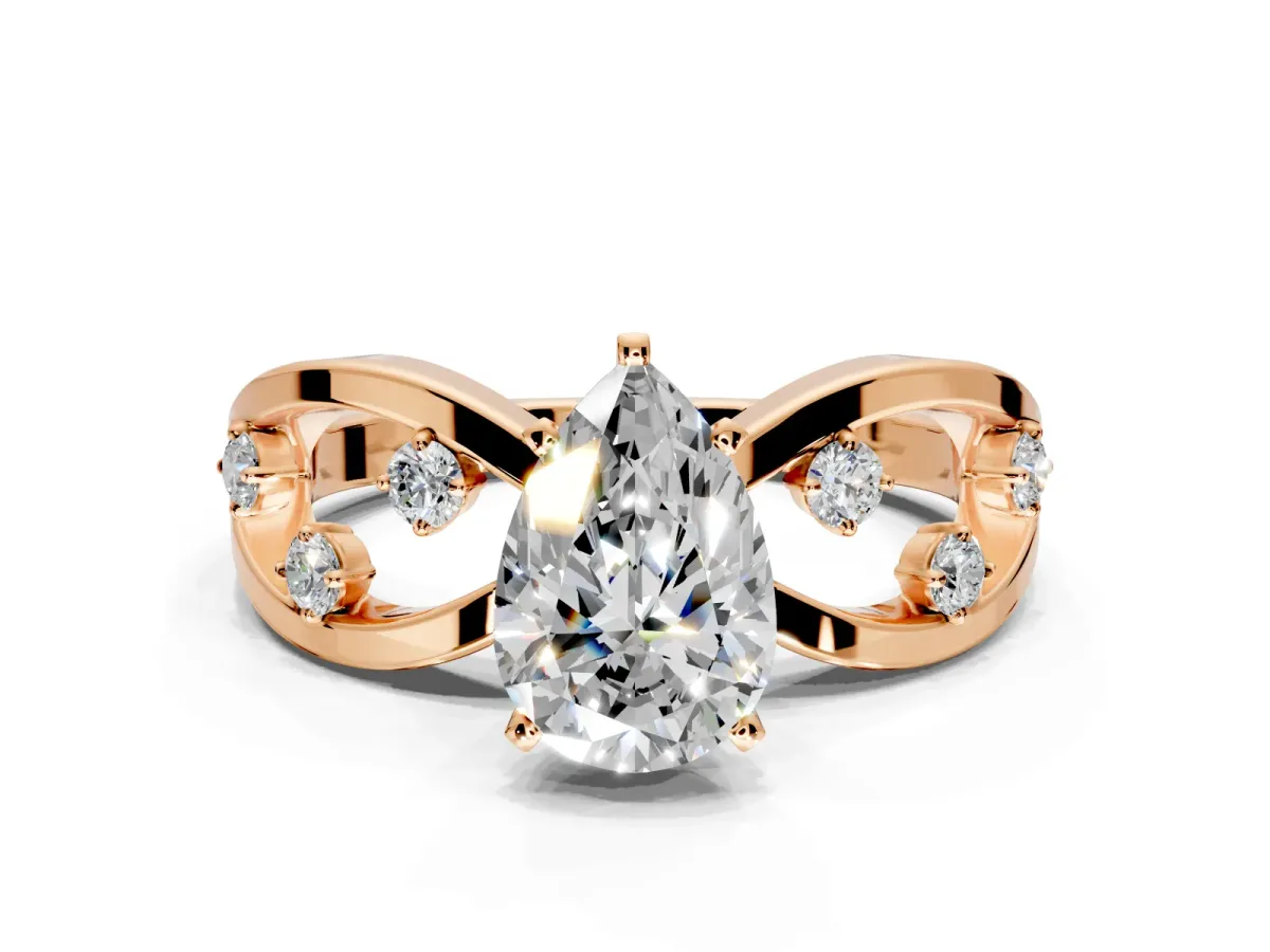 Solitaire Engagement Ring Setting for Pear-Shaped Center with Criss-Cross Accent Band and Prong Head in Rose Gold