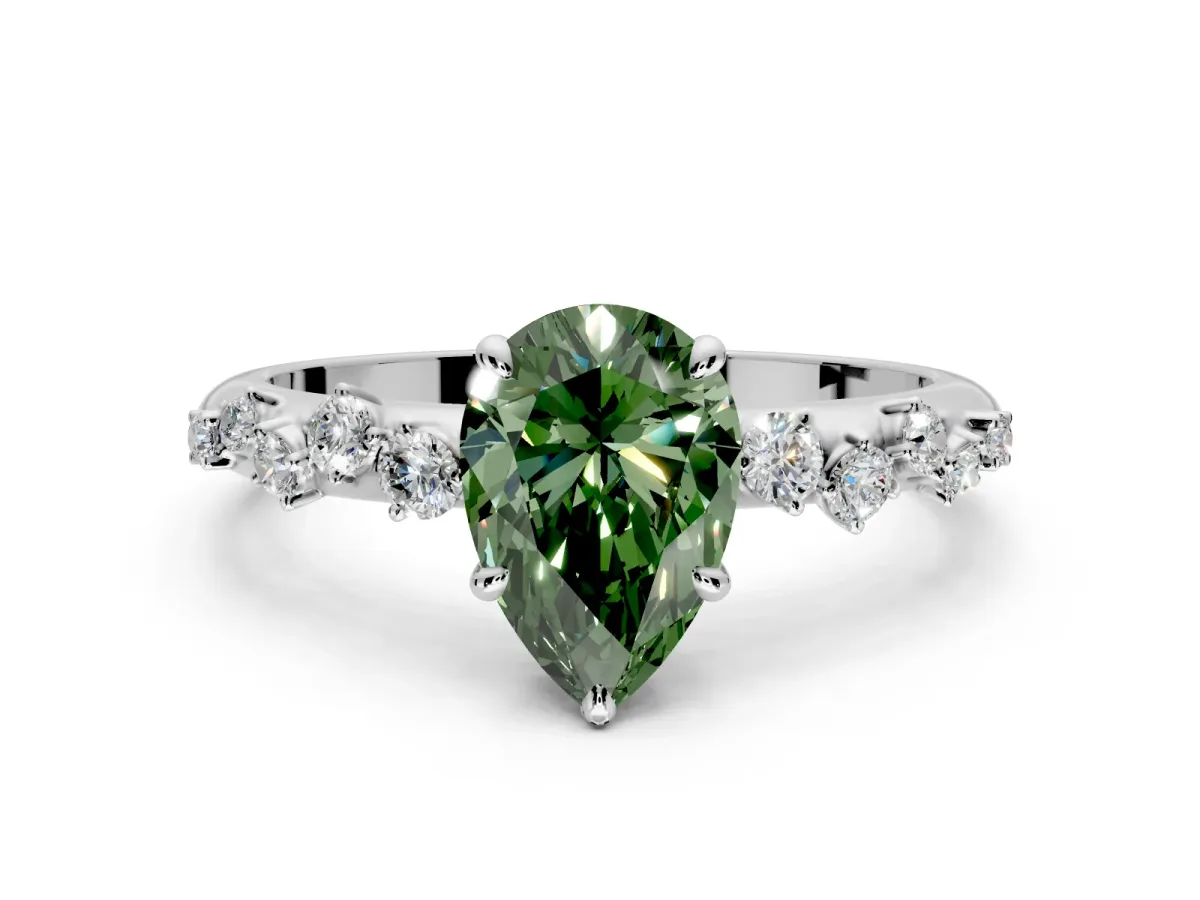 Cluster Engagement Ring Setting for Fancy Green Pear-Shaped Center with Round Cut Accent Band and Prong Head in Sterling Silver