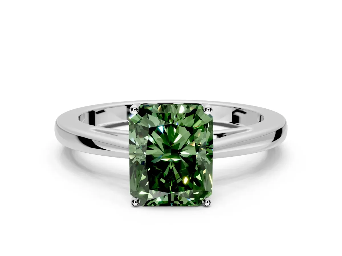 Solitaire Engagement Ring Setting for Fancy Green Radiant Cut Center with Open Cathedral Shoulders and Prong Head in Platinum