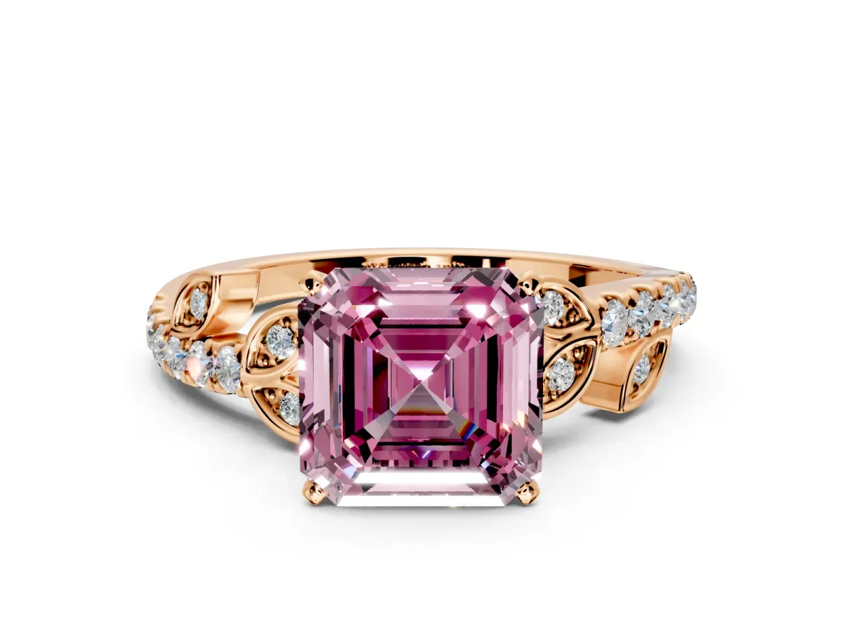 Leaf Motif Engagement Ring Setting for Fancy Pink Asscher Cut Center with Pave Band and Prong Head in Rose Gold