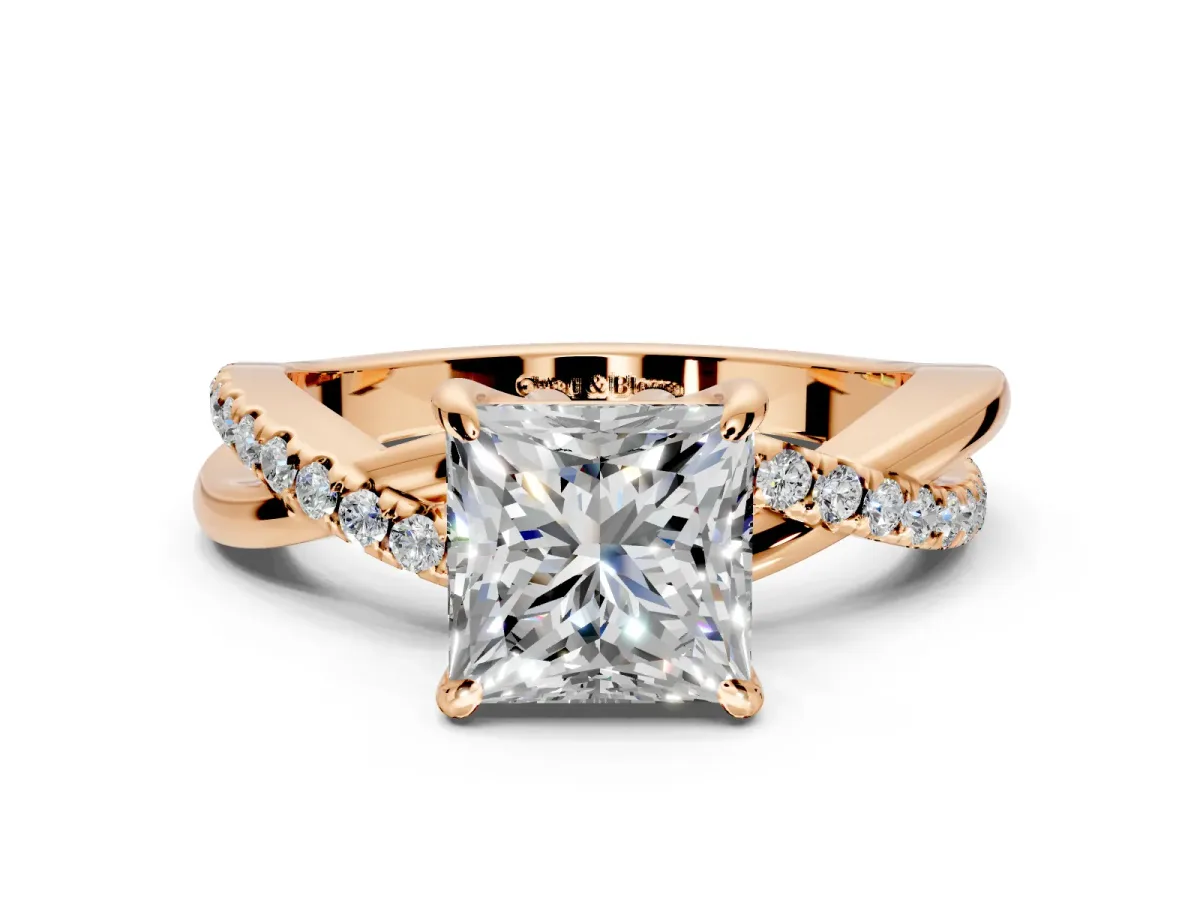 Solitaire Engagement Ring Setting for Princess Cut Center with Half-Pave Crossover Band and Prong Head in Rose Gold
