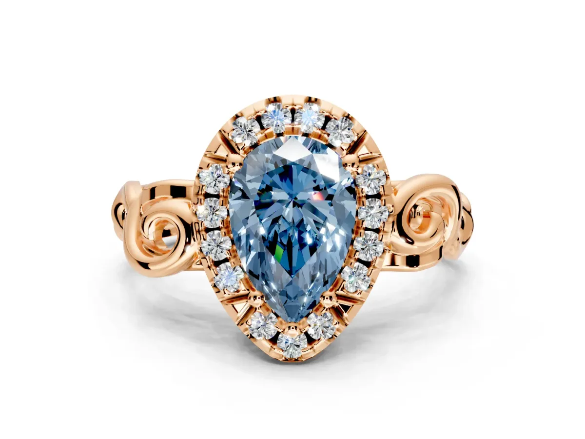Halo Engagement Ring Setting for Fancy Blue Pear-Shaped Center with Open Scroll Shoulders and Prong Head in Rose Gold