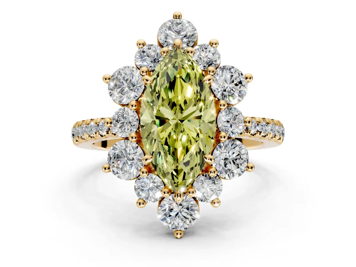 Floral Halo Engagement Ring Setting for Fancy Yellow Marquise Center with Pave Accents and Prong Head in Yellow Gold