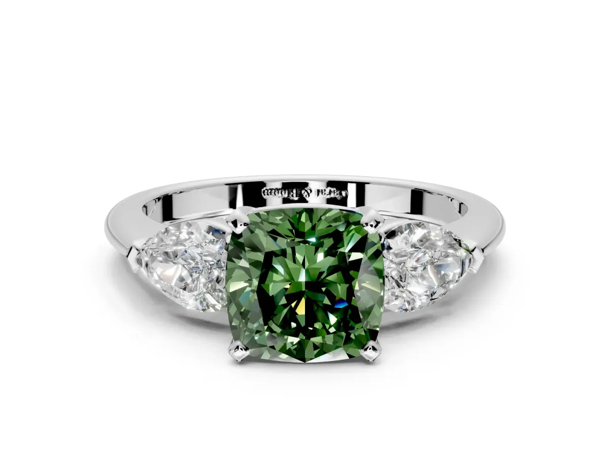 3 Stone Engagement Ring Setting for Fancy Green Cushion Cut Center with Large Pear-Shaped Accents and Prong Head in White Gold