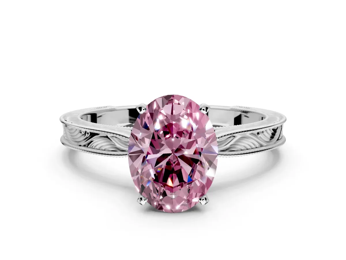 Solitaire Engagement Ring Setting for Fancy Pink Oval Center with Engraved Milgrain Band and Prong Head in Sterling Silver