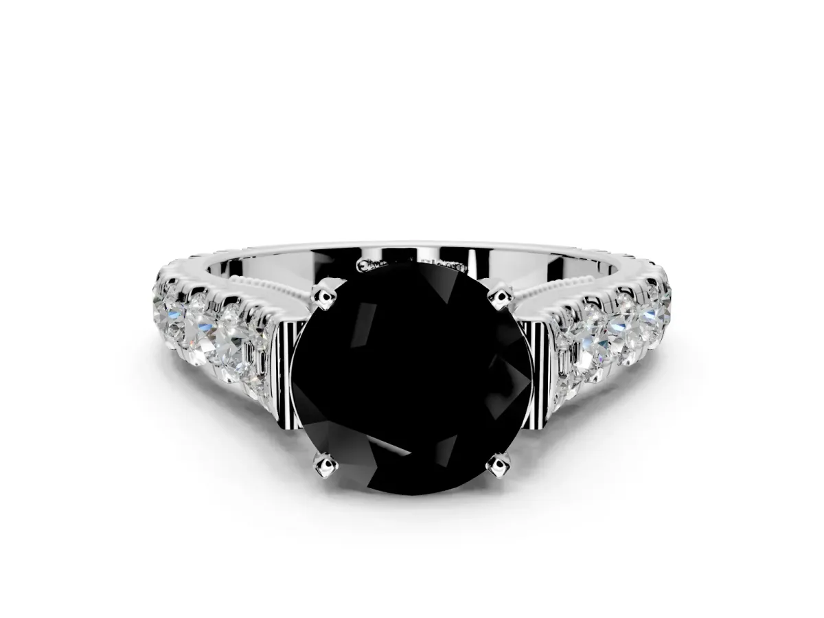 Solitaire Engagement Ring Setting for Fancy Black Round Cut Center with Pave Cathedral Shoulders and Prong Head in Platinum