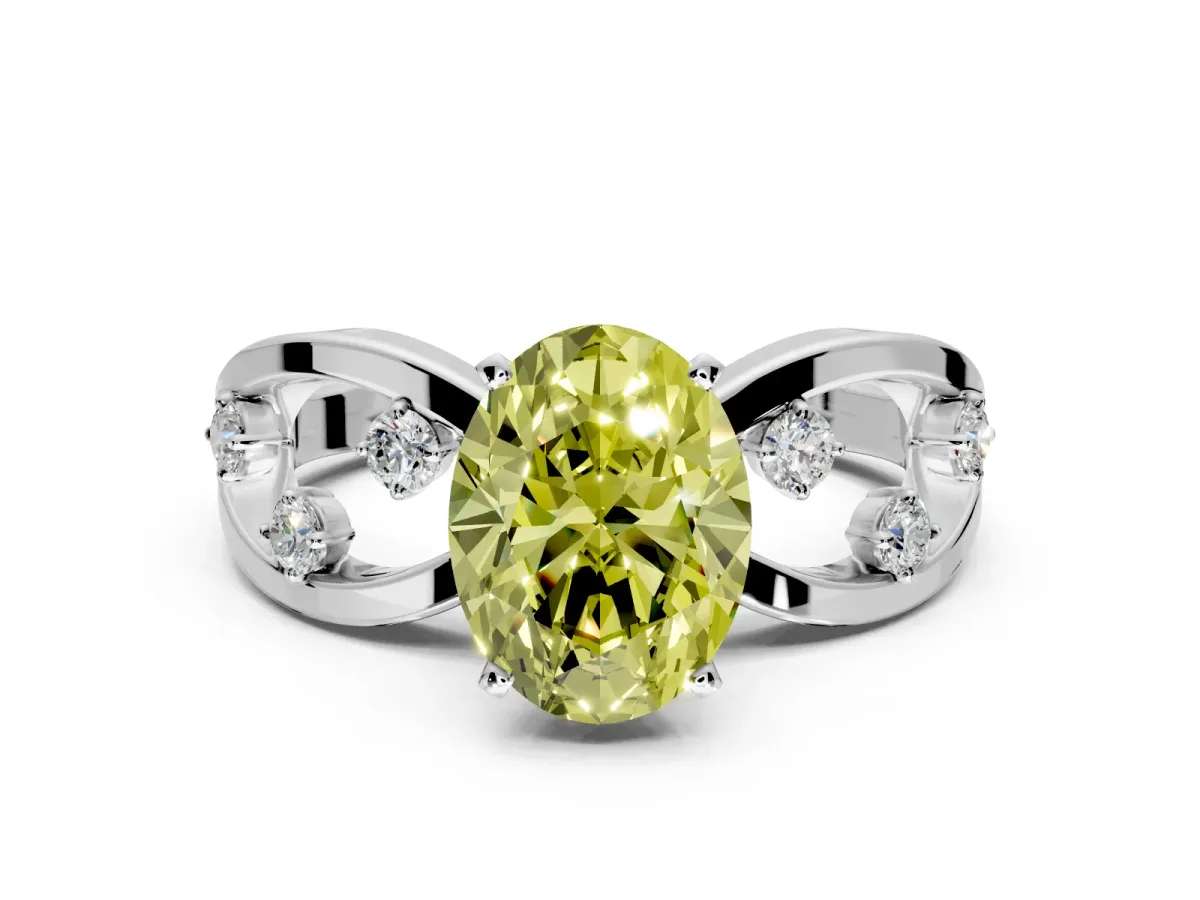Solitaire Engagement Ring Setting for Fancy Yellow Oval Center with Criss-Cross Accent Band and Prong Head in White Gold