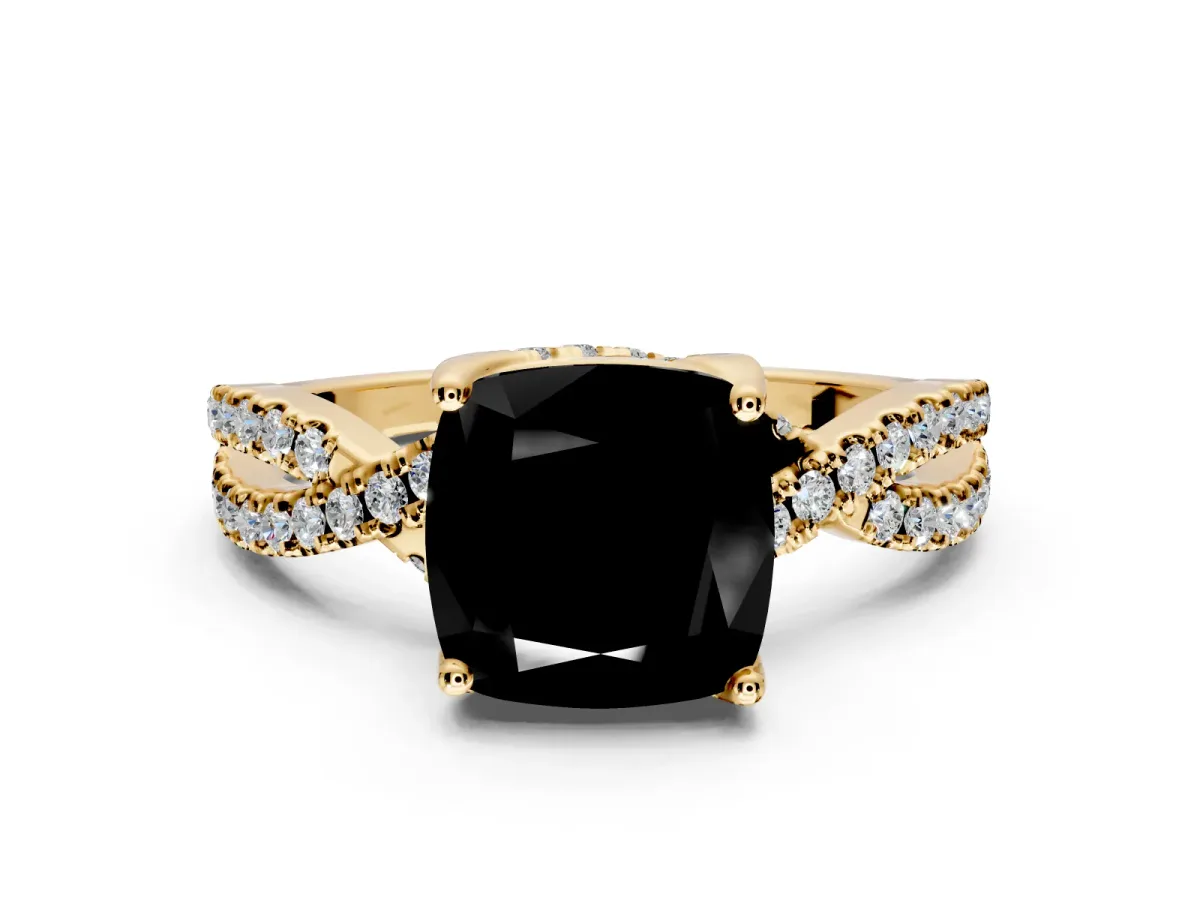 Solitaire Engagement Ring Setting for Fancy Black Cushion Cut Center with Narrow Twist Pave Band and Prong Head in Yellow Gold