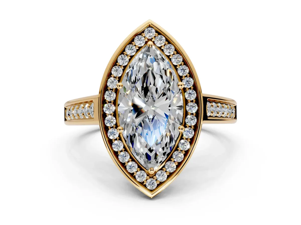 Halo Engagement Ring Setting for Marquise Center with Outer Bezel Rim, Pave Band and Prong Head in Yellow Gold