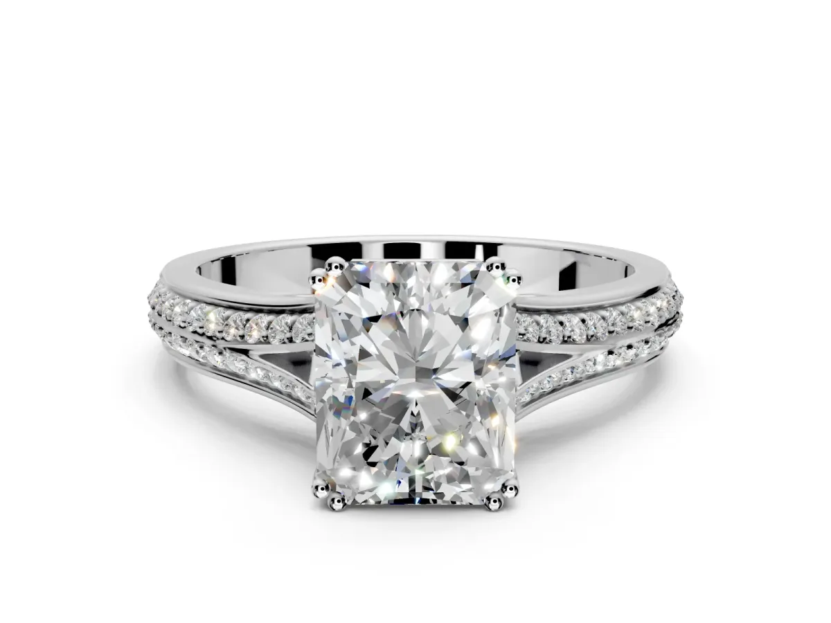 Solitaire Engagement Ring Setting for Radiant Cut Center with Pave Rail Split Shank and Prong Head in Platinum