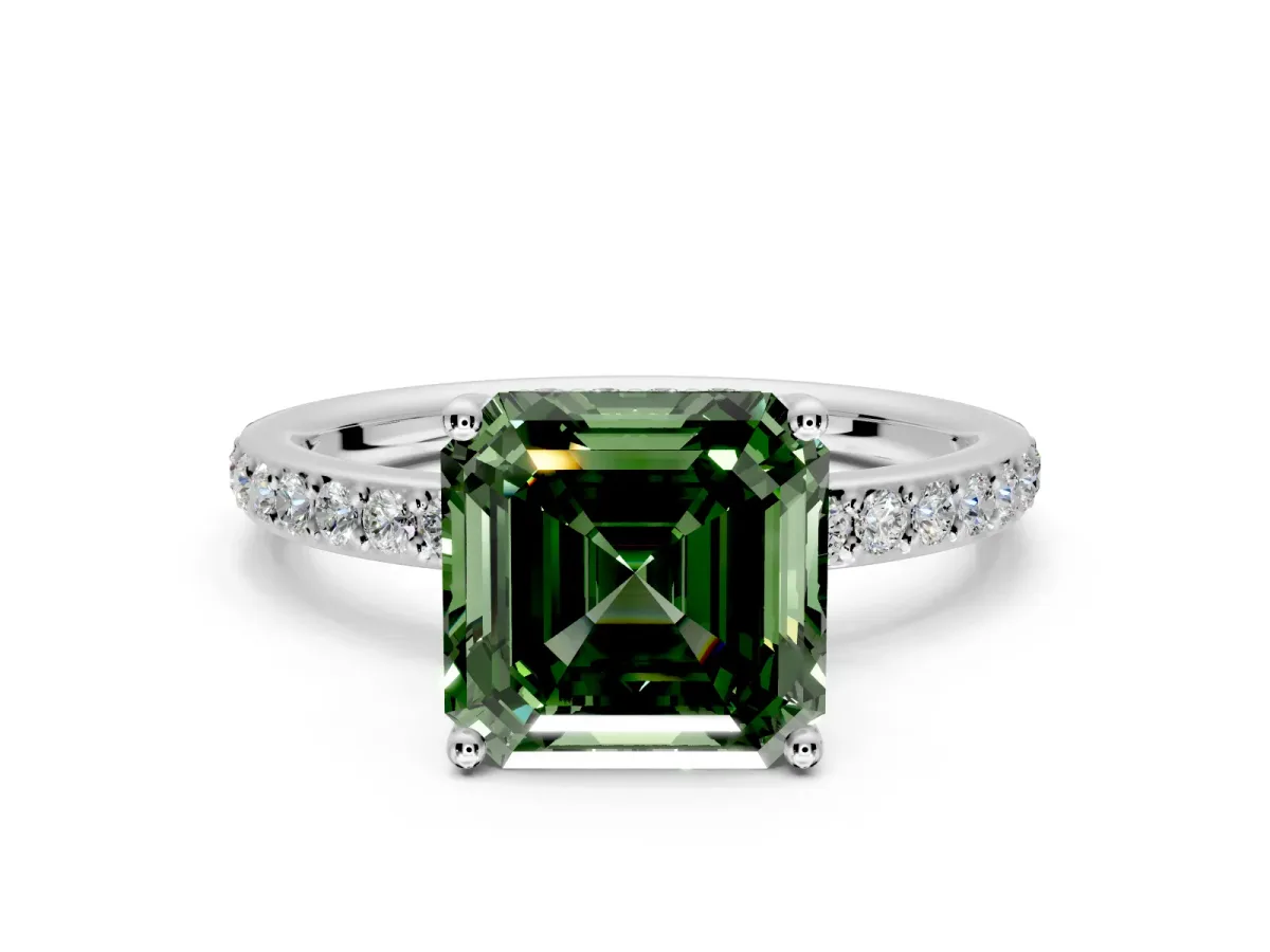 Solitaire Engagement Ring Setting for Fancy Green Asscher Cut Center with Fine Pave Band and Prong Head in Platinum